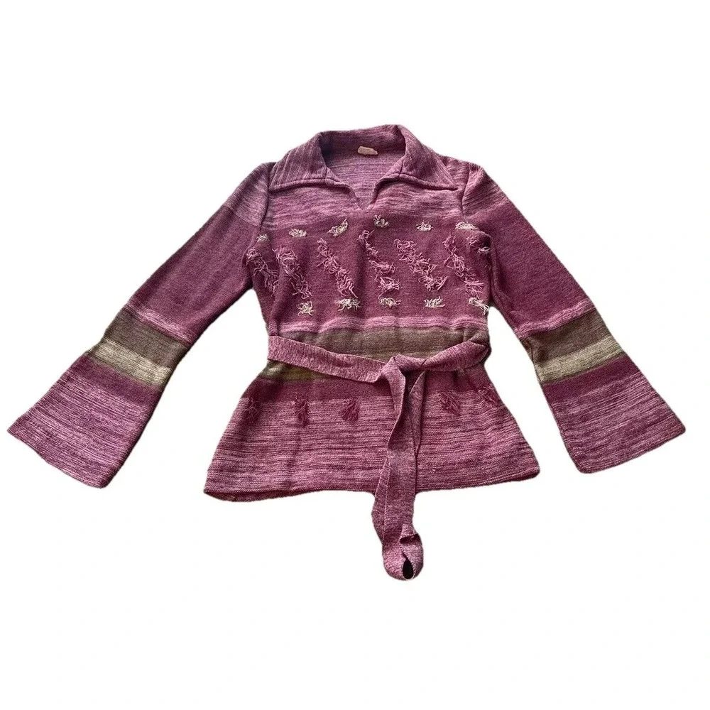 Vintage Women's Red Eye Collar V-neck Raspberry Pink Purple Long Sleeve Shirt